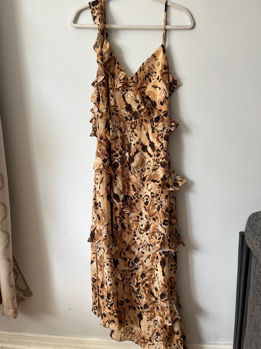 Ruffle Slip Asymmetrical Dress in Beige and Brown Animal Print